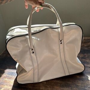 Vintage vegan white leather travel carry all bag with black piping